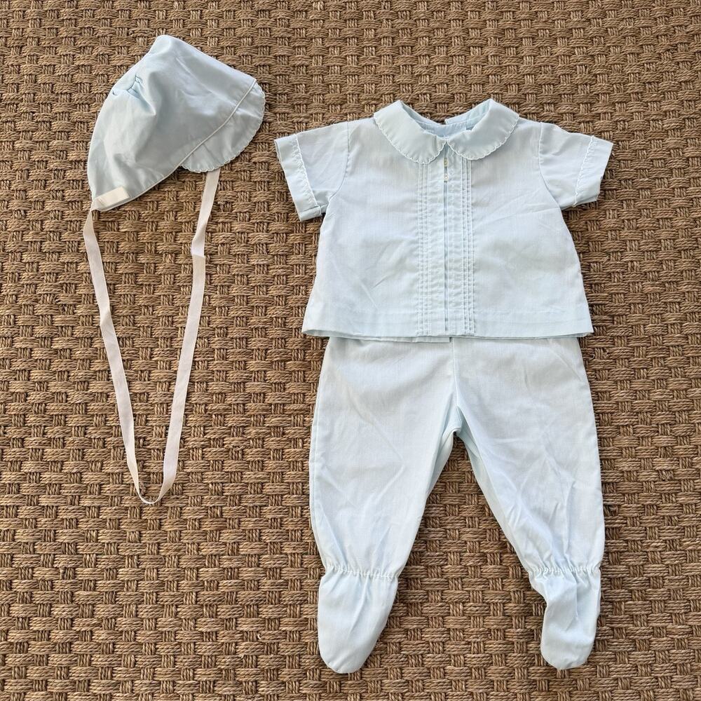 Vintage Baby Boy Heirloom Set With Bonnet Pale Blue Color